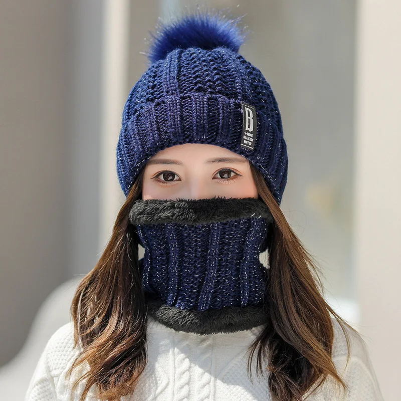 

Warm woolen hats for women autumn and winter Thermal cap for girl beanies fur pompom patchwork cable warm hat hot big hat