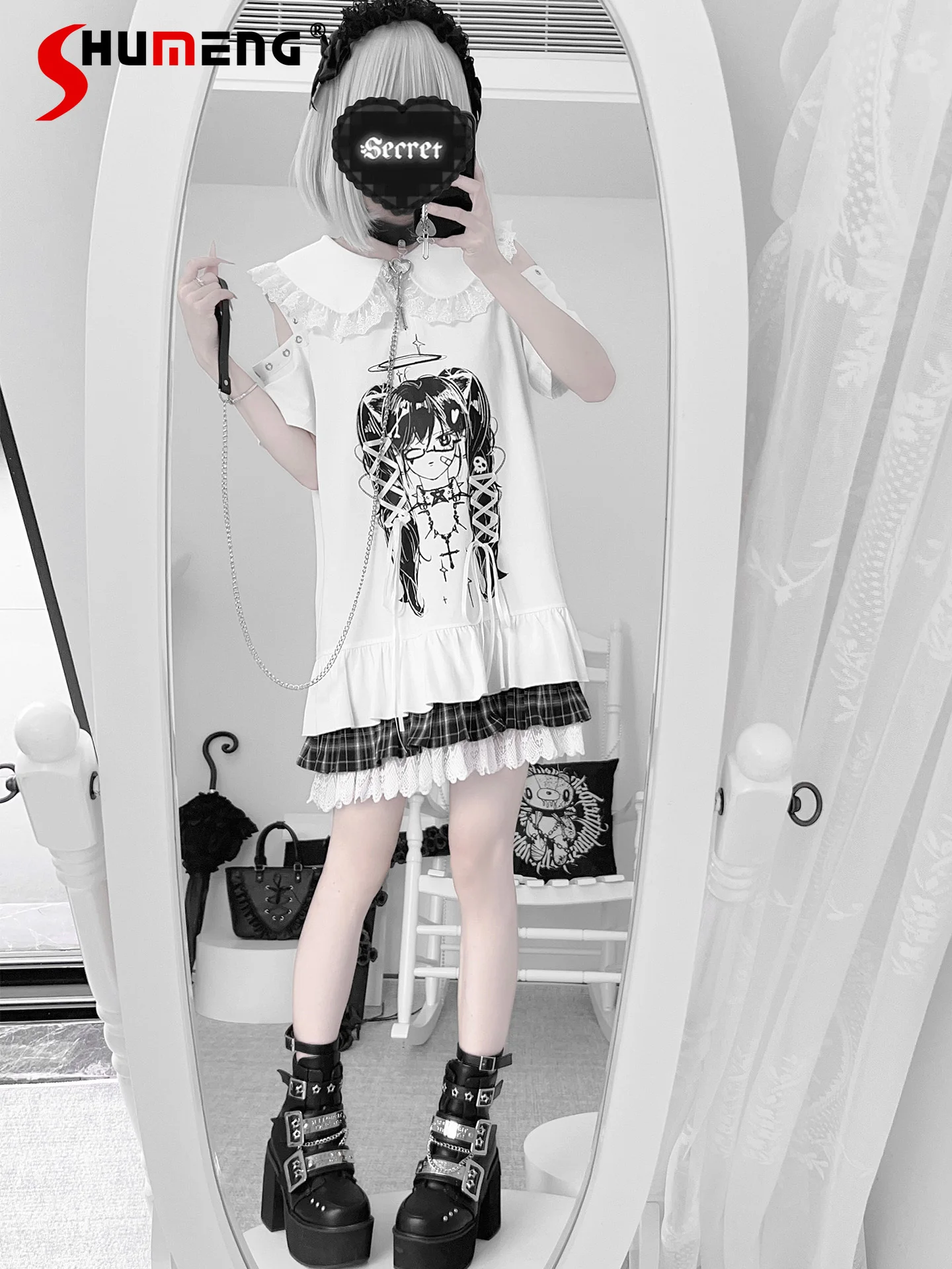 

Japanese Subculture Lace Doll Collar Off-shoulder Short-sleeved Printed Lace-up Plaid Splicing Loose Sweet Dress Women Summer