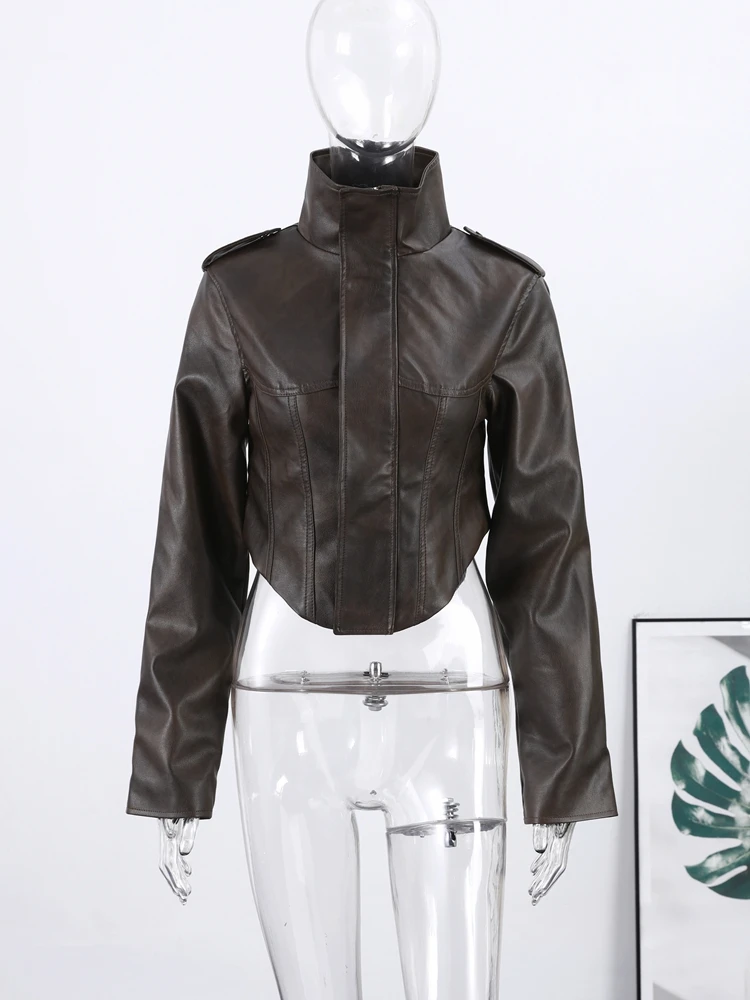 Mode Dame Retro Moto Biker Mantel Outwear 2026 Frühling frauen Gestellte PU Leder Jacke Stehkragen Langarm Zipper jacken