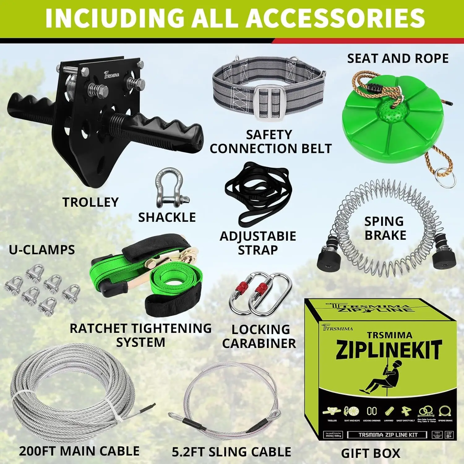 Zipline Kit for Kids and Adult 200ft Zipline with Spring Brake Safety Harness Zip line Trolley Ratchet Tighten System