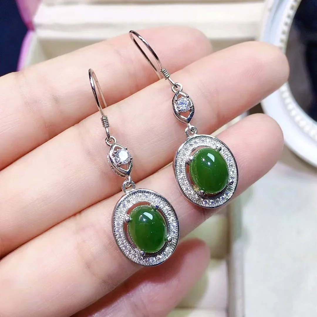 Chinese Style Green Jade Drop Earrings Prevent Allergy 18K Gold Plating Total 4ct 7mm*9mm Natural Jade 925 Silver Earring