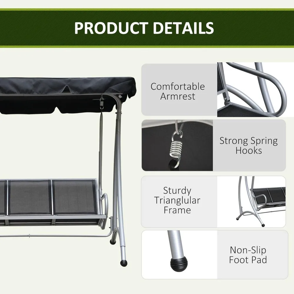 3인용 야외 베란다 그네 의자, 조절 가능한 캐노피가 있는 파티오 스윙 글라이더, 통기성 시트 및 정원, 수영장용 강철 프레임