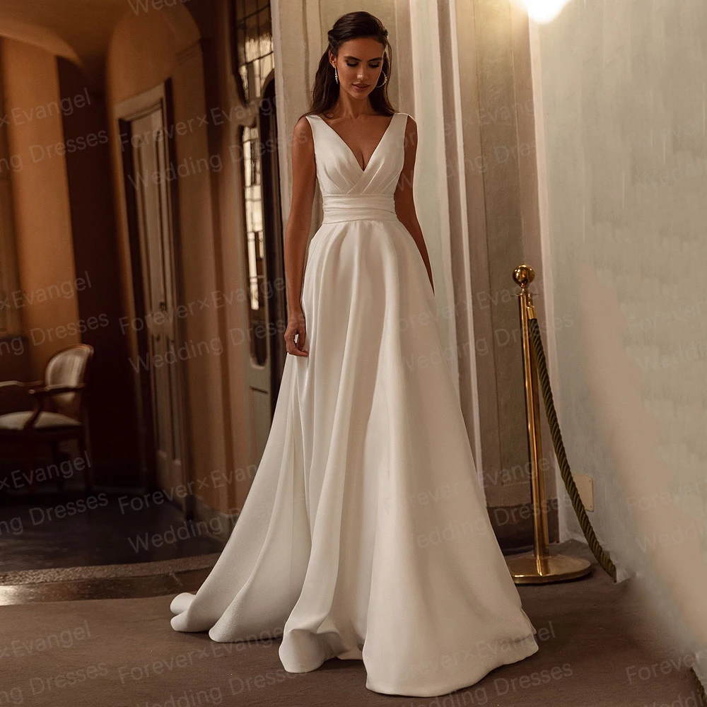 Simple For Woman Wedding Dresses 2024 A Line Sexy Sleeveless V Neck Pleat Satin Backless Bride Gowns Elegant Vestidos De Novia