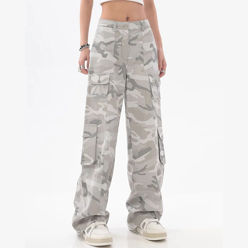 Imagem -04 - Feminino Hip Hop Cinza Camuflagem Carga Calças Estilo Americano Y2k Oversized Solto em Linha Reta Ampla Perna Calças Vintage Casual Sweatpants