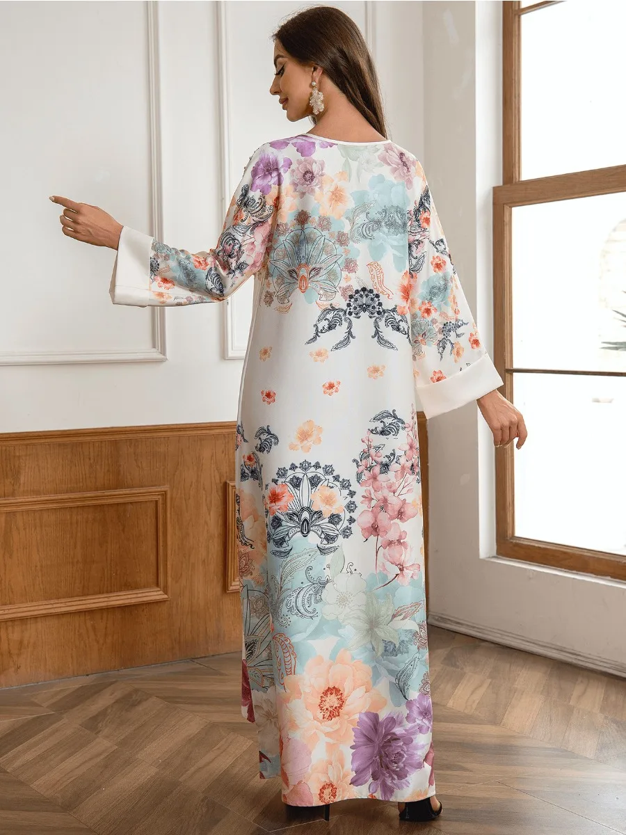 Eid Muslim Party Dress for Women Floral Print Beading Long Dresses Ramadan Abaya Kaftan Vestidos Largos Dubai Robe Jalabiya 2024