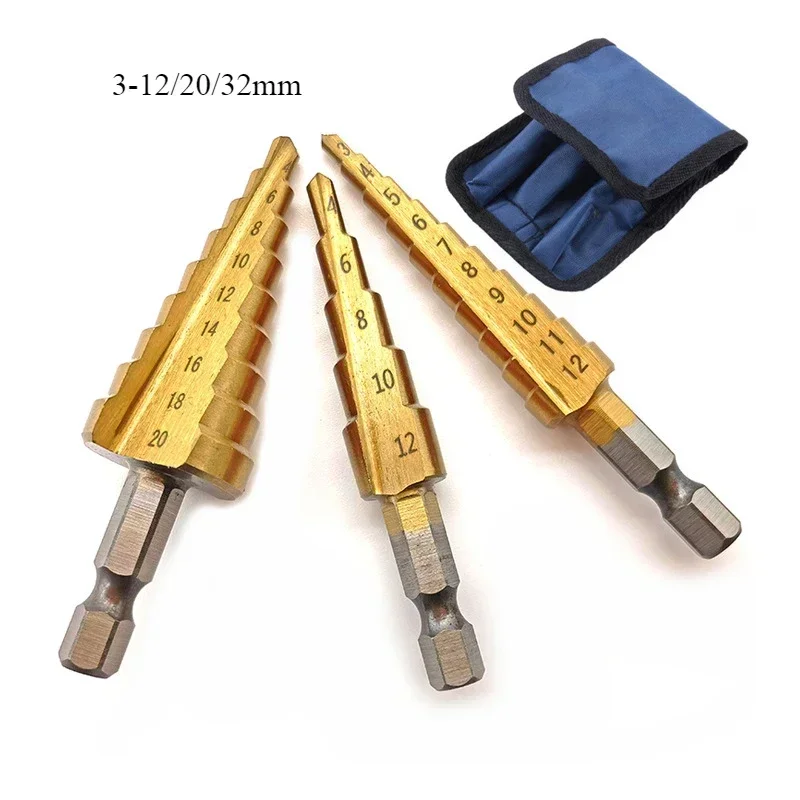 3pc 3-12/20/32mm 4-12/20/32mmHSS Straight Groove Step Drill Bit Set Titanium Coated Wood Metal Hole Cutter Core Drill Bit Set