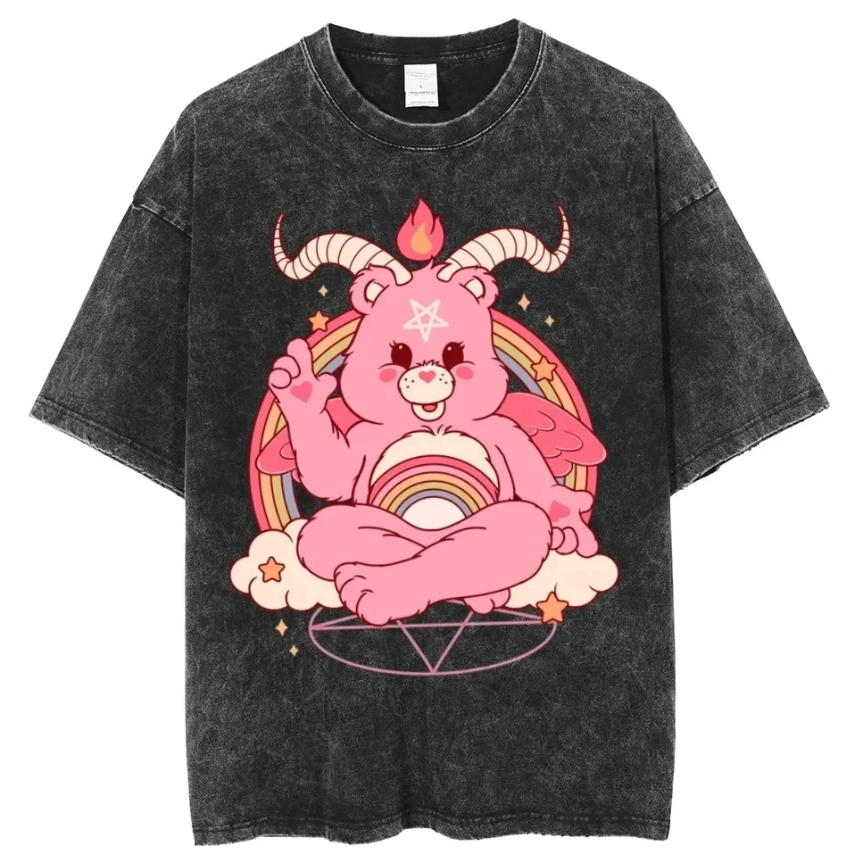 Cute Bear Graphic T Shirts Men Y2k Washed Tshirt Heavy Mental T-shirts Retro Hip Top Tees 100% Cotton Streetwear Unisex