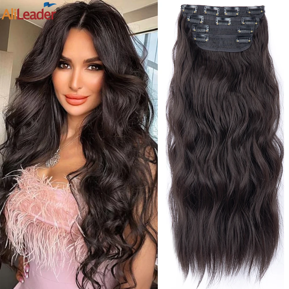 Long Wavy Synthetic Clip On Hair Extension 4Pcs/Set 20Inch Curly Hairpiece 11 Clips In Hair Ombre Heat Resistant Fiber For Women