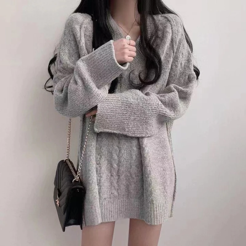 ฤดูใบไม้ร่วง/ฤดูหนาวสไตล์เกาหลีแขนยาวเสื้อสเวตเตอร์หลวมผู้หญิงย้อนยุคสีทึบ V คอถักเสื้อลำลองเสื้อถักยาว