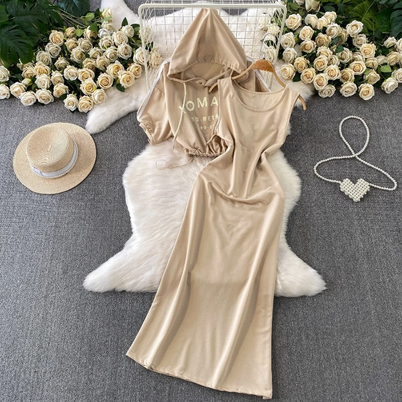 

Casual and fashionable two-piece set women's summer solid vest dress elegant letter hooded sweatshirt slimming commuting set