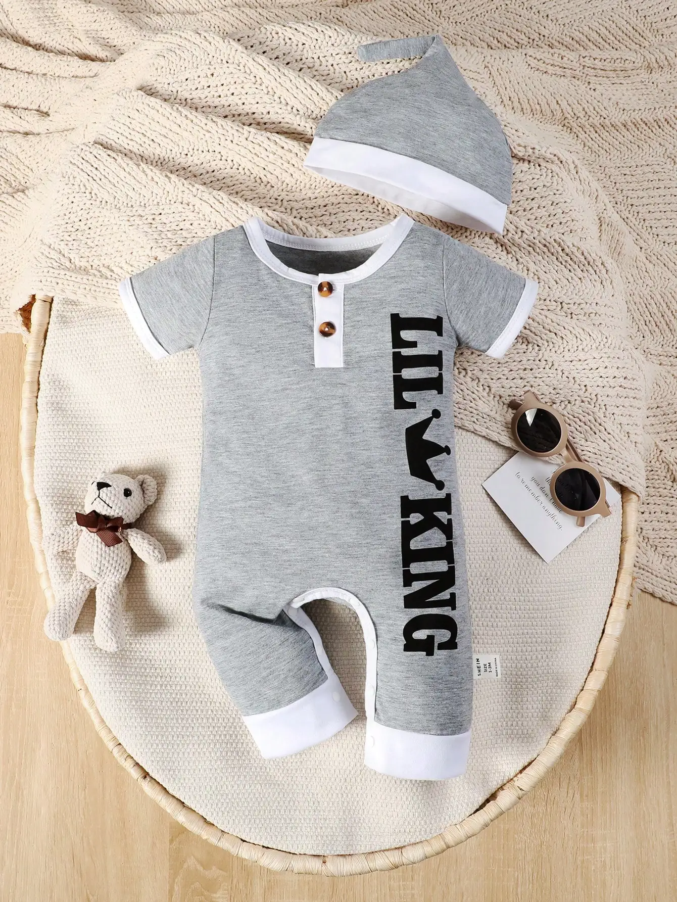 1-24M baby boys simple letter pattern half open front short sleeve romper with hat spring summer style