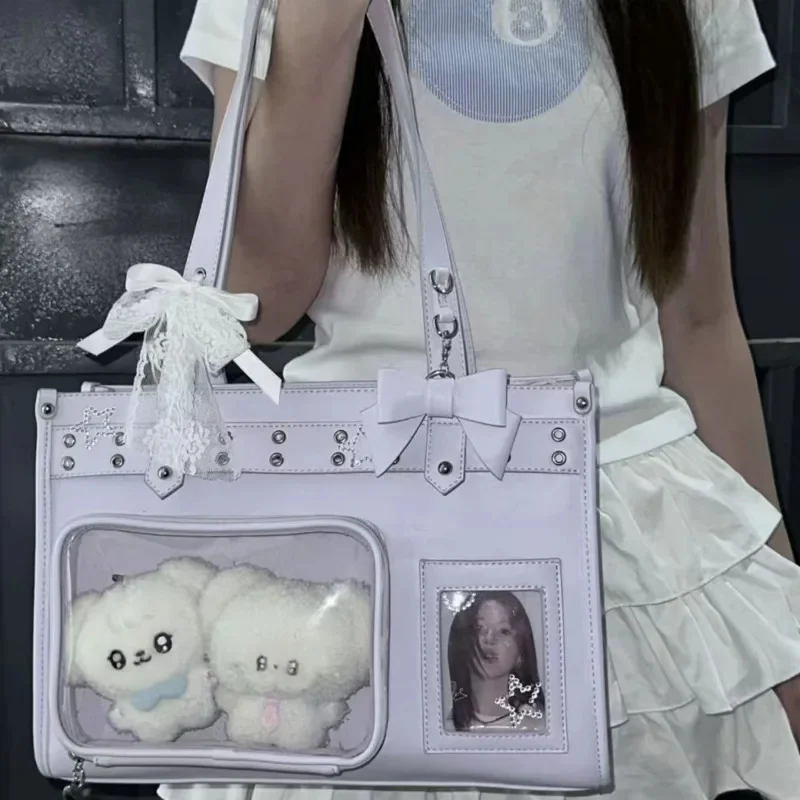 Kawaii Korean Ita Bag Teen Girls, PU Leather Transparent Window Shoulder Crossbody Backpack Tote Handbag Kpop Fans Itabag Gift