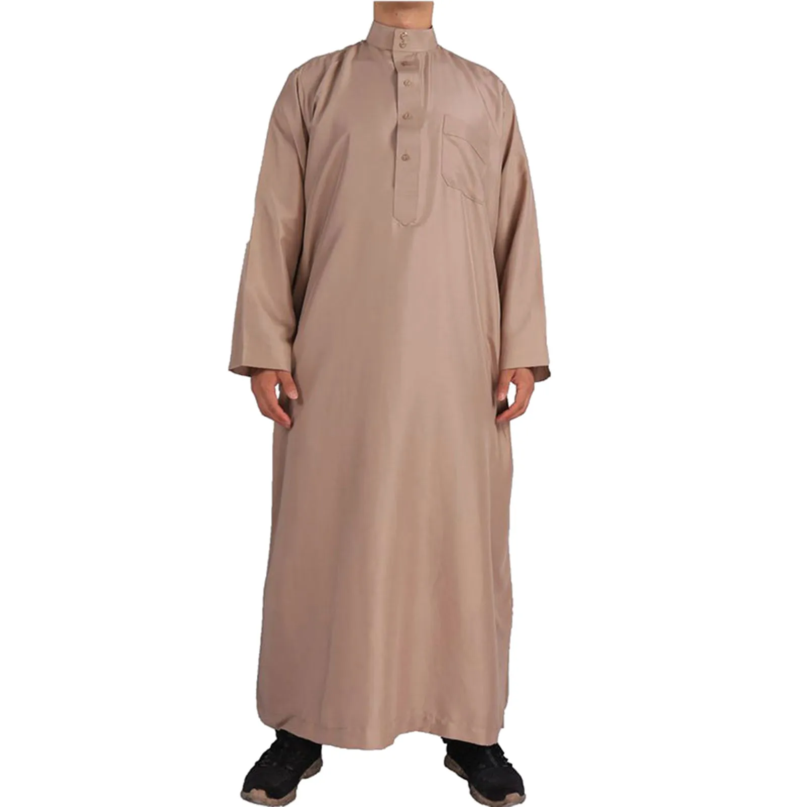 Stand Collar Male Muslim Jubba Thobe Casual Solid Long Robe With Pocket Long Sleeve Saudi Arabia Pakistani Kaftan Musulmane