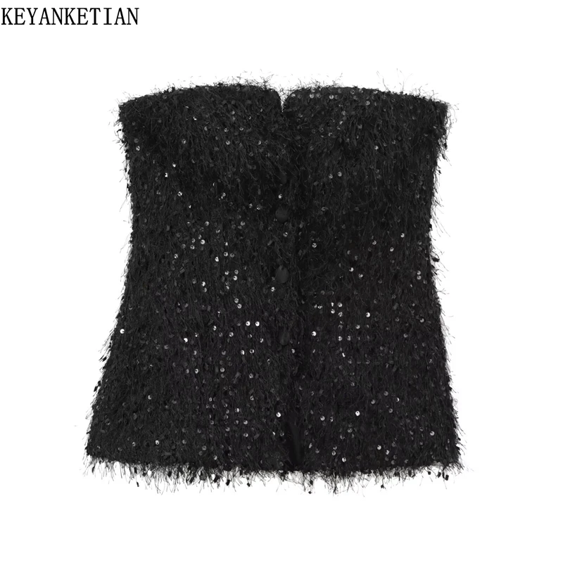 KEYANKETIAN 2025 New Women Sequined Decoration Tassel Corset Vest Single Breasted Slash neck Sexy Club Black Camisole Crop Top