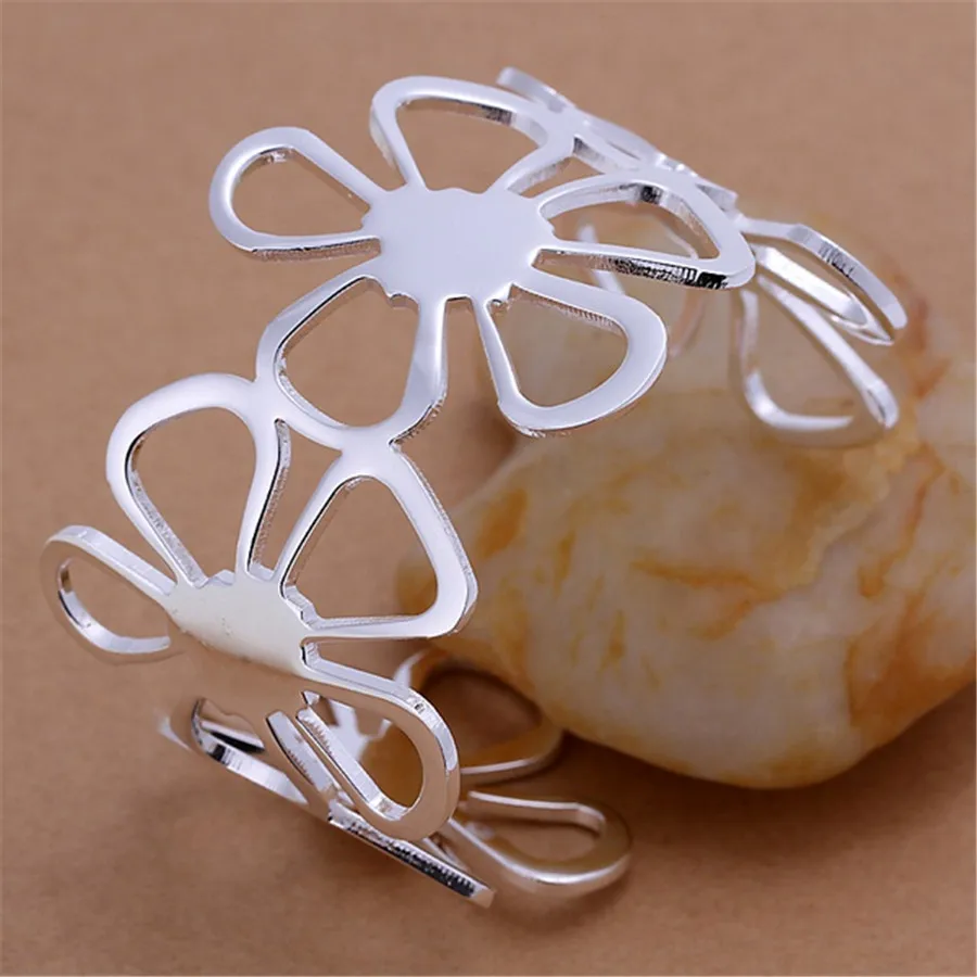 925 Sterling Silver elegant flower wide bangles cuff Bracelets for Women adjustable Fashion Party wedding Jewelry Holiday gifts