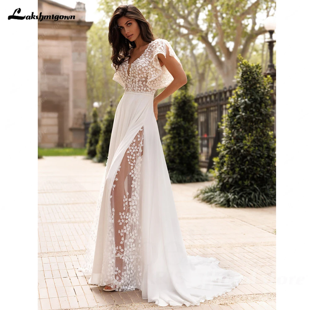 Lakshmigown Sommer Boho Hochzeitskleider Strand Spitze Hoher Schlitz Brautkleider V-Ausschnitt Hochzeitskleider Kurze Ärmel Maßanfertigung – Detail 5