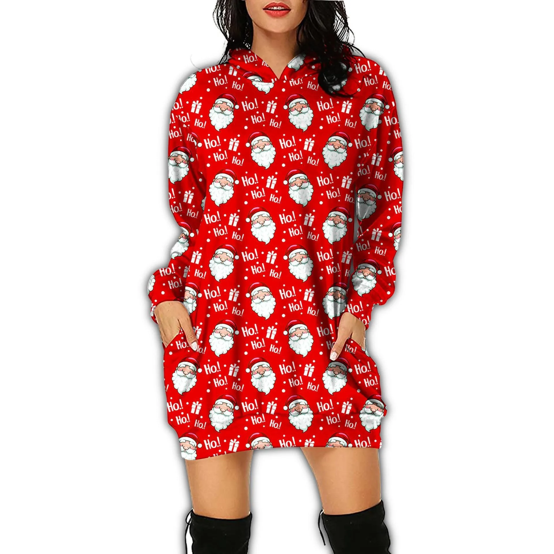 2024 New Spring And Autumn European And American Style Women's Long Fashion Print Santa Claus Hooded Long-sleeved Sweater Dress.