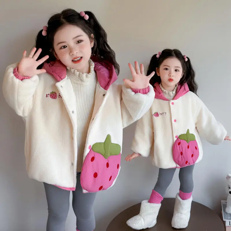 

Толстая теплая куртка с капюшоном из мультфильма для девочек, осень-зима 2025, новинка для детей в корейском стиле, каваи, аниме, модные милые топы, повседневное пальто