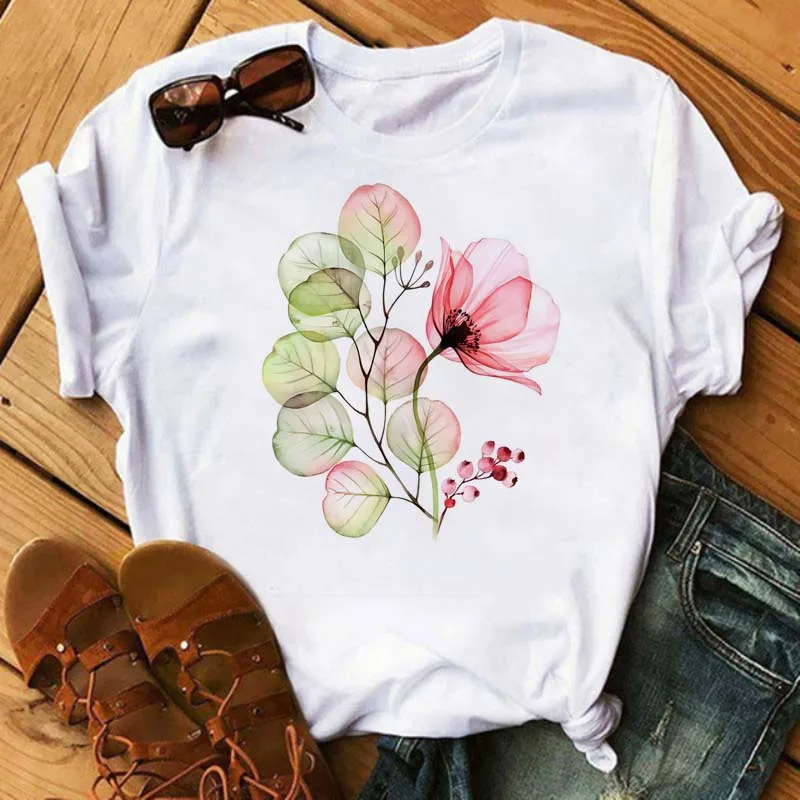 Maycaur New Watercolor Floral Print Women Tshirt Harajuku 90s Streetwear Short Sleeve T Shirts Cartoon Casual Woman Tops Clothes