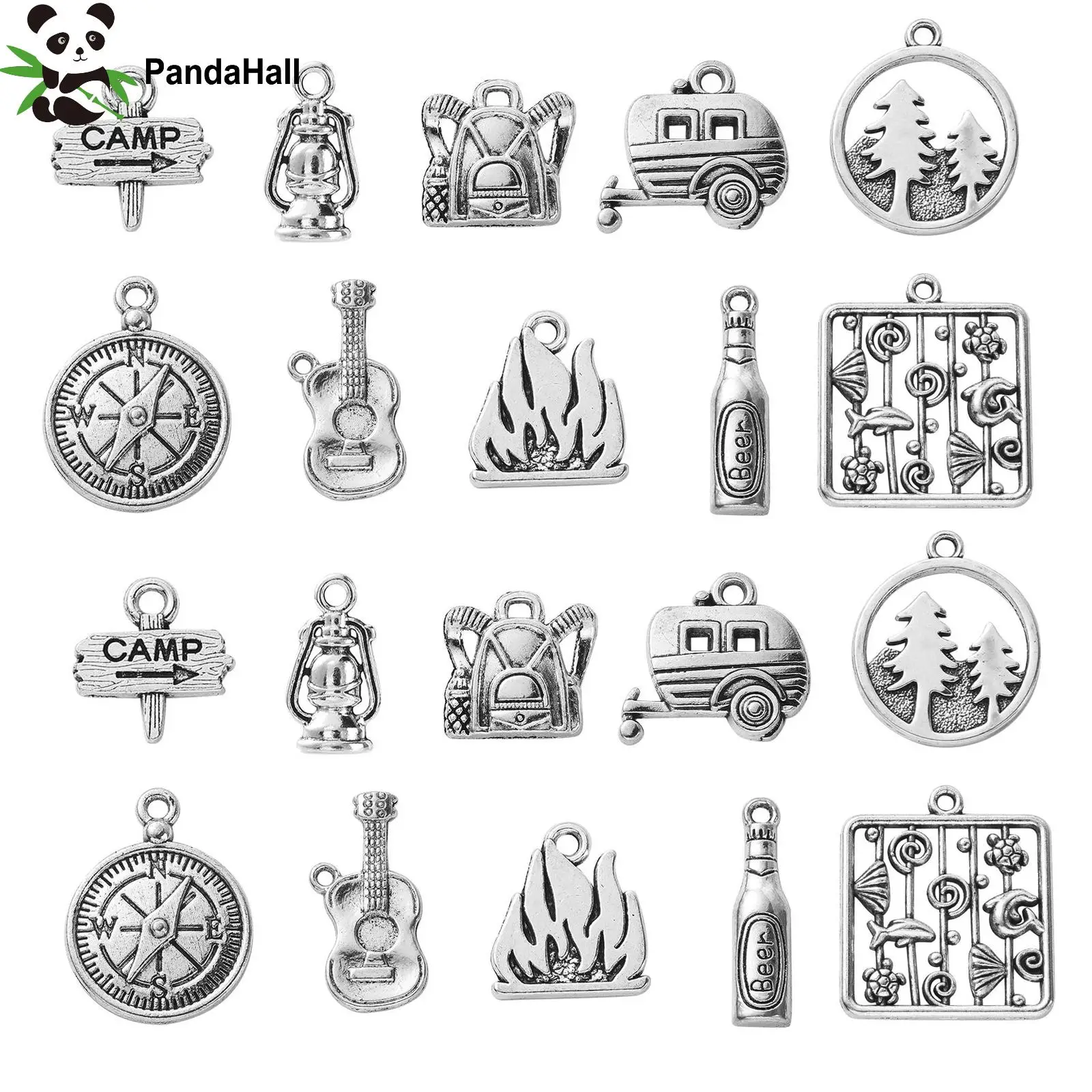 PandaHall 100Pcs 10 Styles Retro Camp Charms Camp Sign Fire Guitar Carriage Oil Lantern Wine Bottle Charms for Jewelry Making