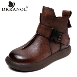 DRKANOL Handmade Genuine Leather Short Boots Women Retro Style Side Zipper Round Toe Soft Comfort Flat Heel Winter Ankle Boots