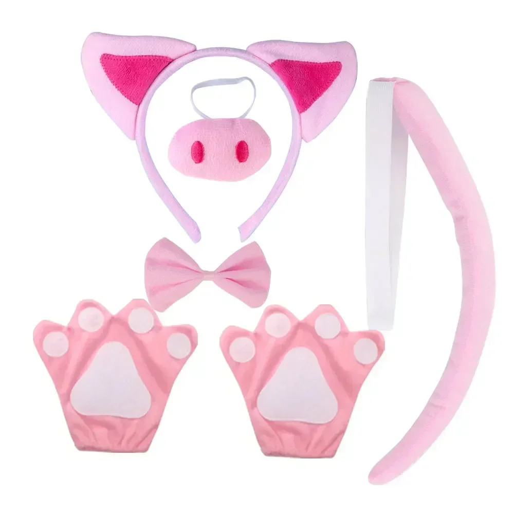 Party Kids Boy Girls Pink Pig Costume Set Mesh Skirt Tutu Plush Animal Ear Nose Headband Tail Paw Gloves Cosplay Accessories view 6