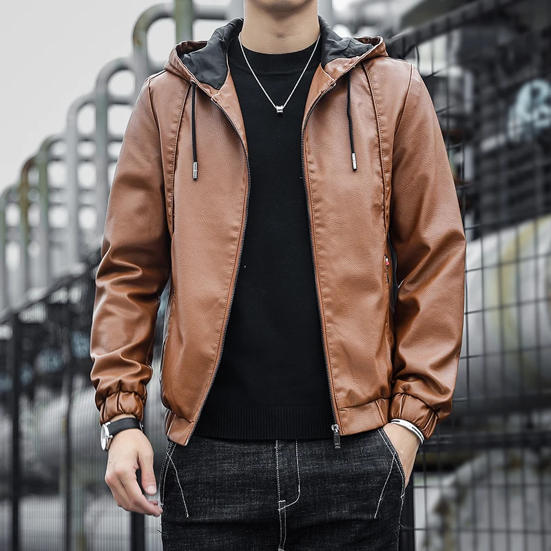 

New men's hooded leather jacket, fashionable black motorcycle leather coat, casual streetwear zipper jacket for men men jacket