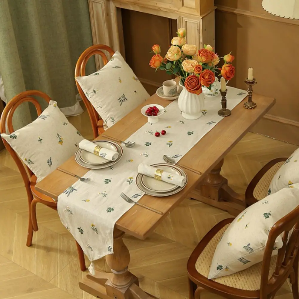 Rustic Style Linen Embroidery Table Runner Flower/Cactus Pattern with Tassel Table Cloth Long Strip Decorative Table Cover