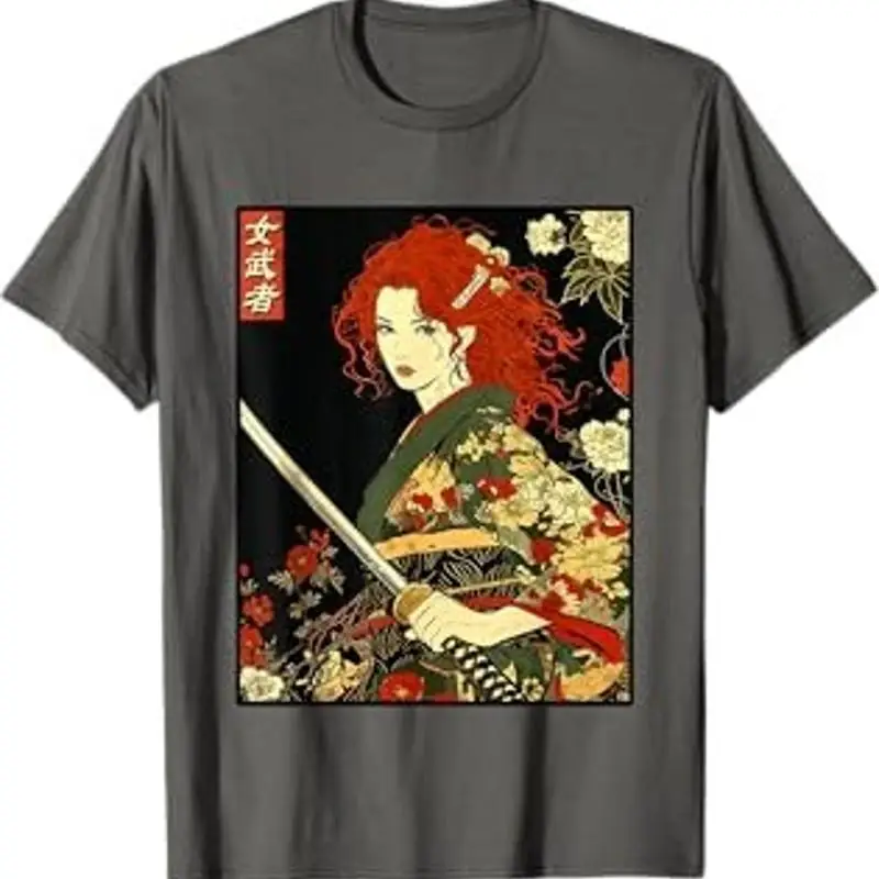Camiseta de arte samurái gótico japonés, mujer irlandesa con espada Katana