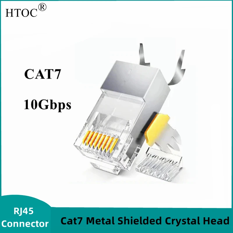 HTOC Cat7 Kim Loại Che Chắn RJ45 Cổng Kết Nối 50 Micron 50u 3 Ngạnh FTP STP Cáp Dù Lọn Uốn Modular Cắm 8P8C Pha Lê đầu