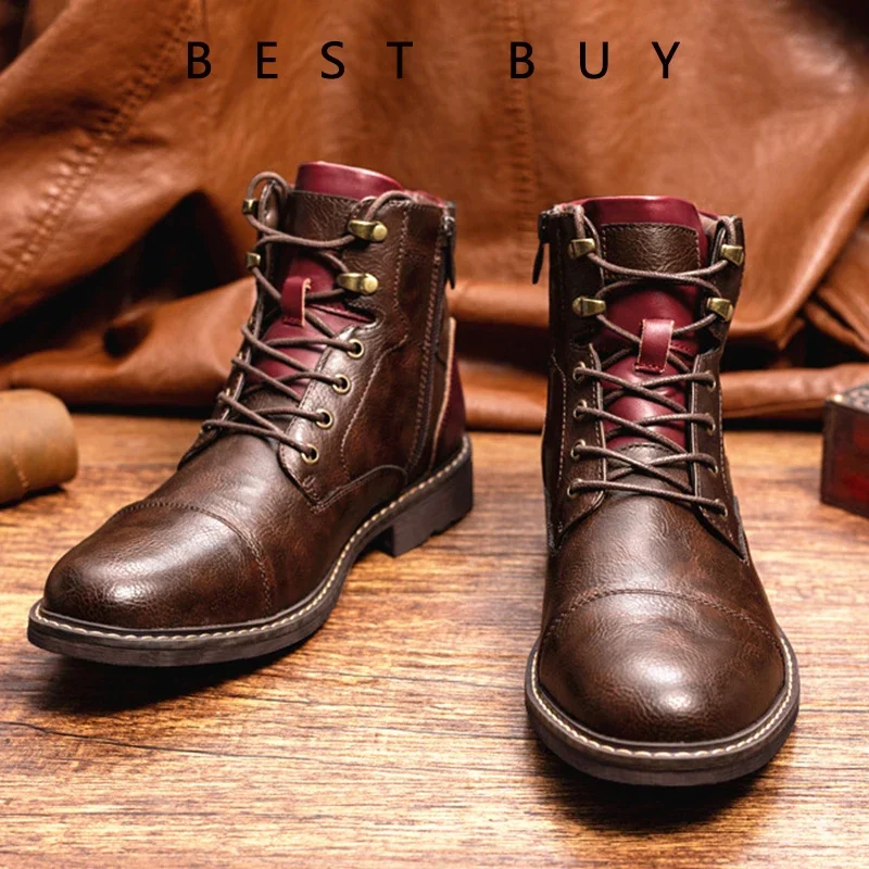 ผู้ชายคลาสสิก Retro หนังรองเท้าผู้ชายแฟชั่นข้อเท้า BOOT Mens LACE-up รองเท้าสั้น High-Top รองเท้าขนาด 38-48