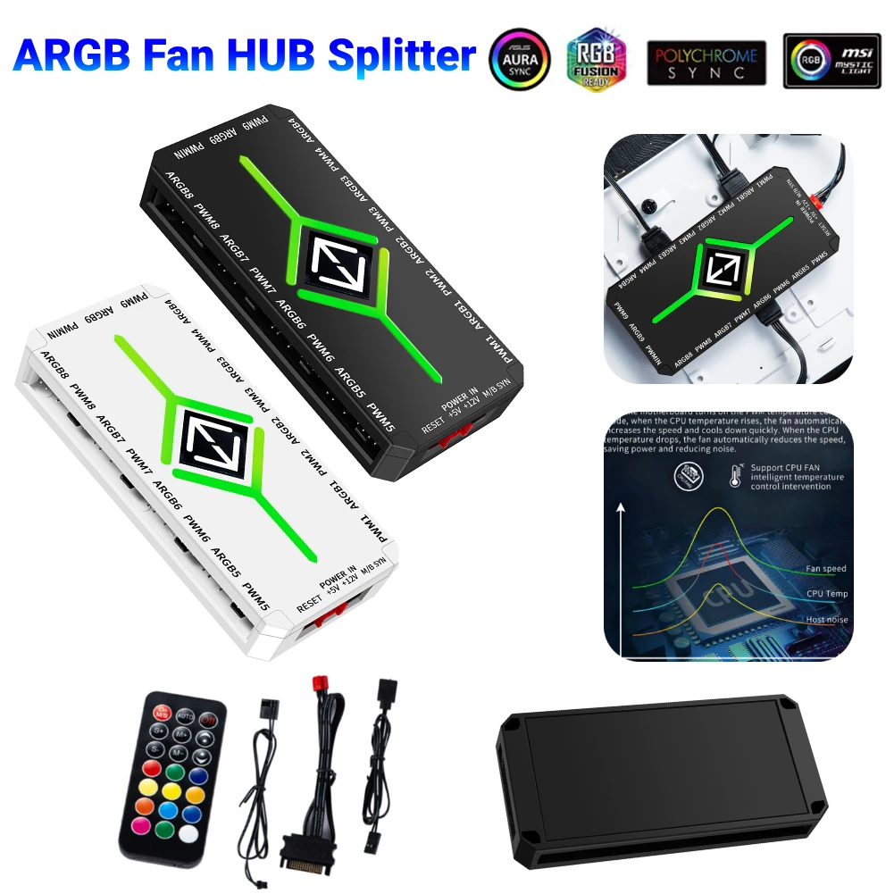 

1/2 Set ARGB PWM Fan Hub Adapter with Remote 1 To 9 Port 5V 3 Pin PC Cooling Fan Hub Splitter SATA Power Supply PWM Magnetic Hub