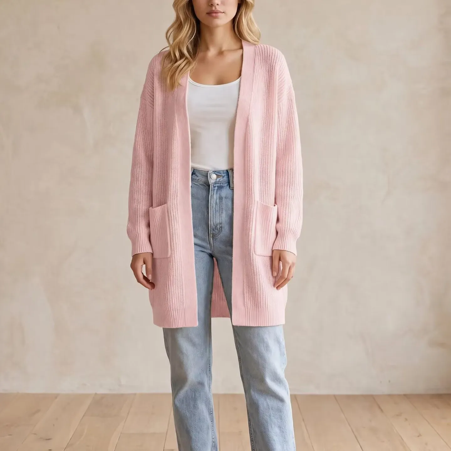 Fashionable Long Sleeve V-Neck Double Pocket Cardigan Women's Summer Outerwear Multi-Color Casual Style Standard Fit Zadata