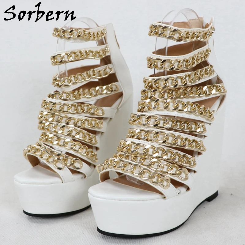 Sorbern Comfortable Wedge Sandals Gold Chains Platform Rear Zipper Summer Shoes Punk Metal Loops Custom Multi Colors