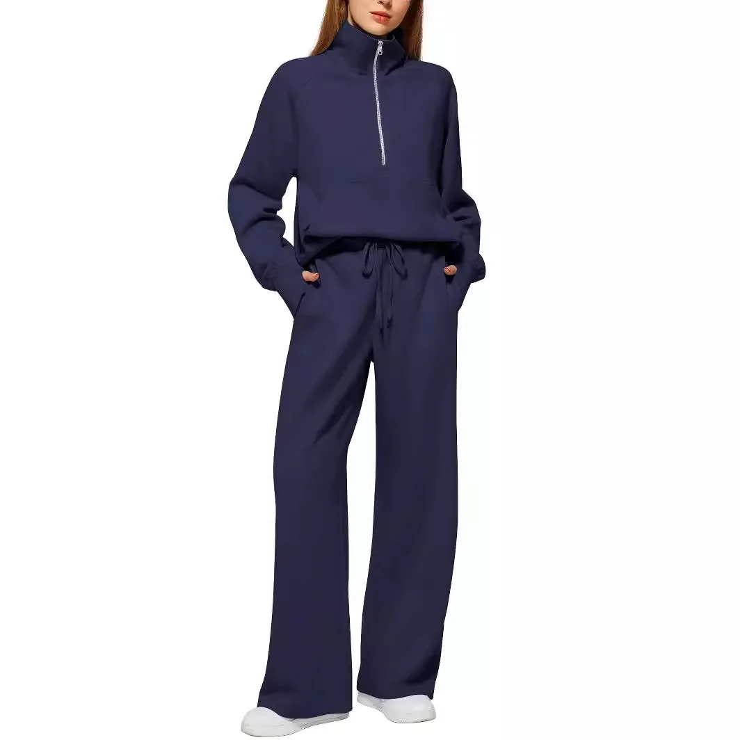 Hoodie Women\'s Two-Piece Set Oversized Half-Zip Sweatshirt Wide Leg Sweatpants Casual Suit Women Sports Two Piece Sets Hoodey