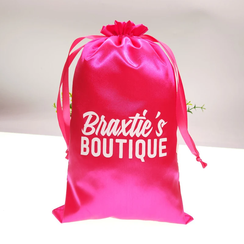 Wholesale 50p 18x30cm Rose Red Shinny Silk Satin Drawstring Bag Shoes Bodysuit Bikini Clothing Wig Packaging Bag Custom Logo