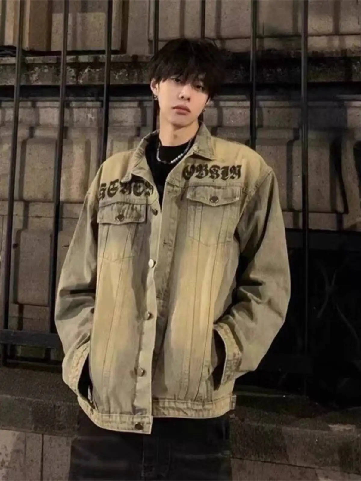 Autumn Men's Cargo Denim Jacket Shirts Vintage Washed Denim Jacket Trendy Streetwear English Print Edgy Cargo Outerwear