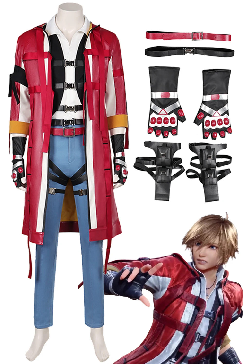 LEO Role Play Men  Costume Anime Game Tekken 8 Disguise Costume Red Coat Blue Pants Belt Gloves Adult Men Halloween Party Suits