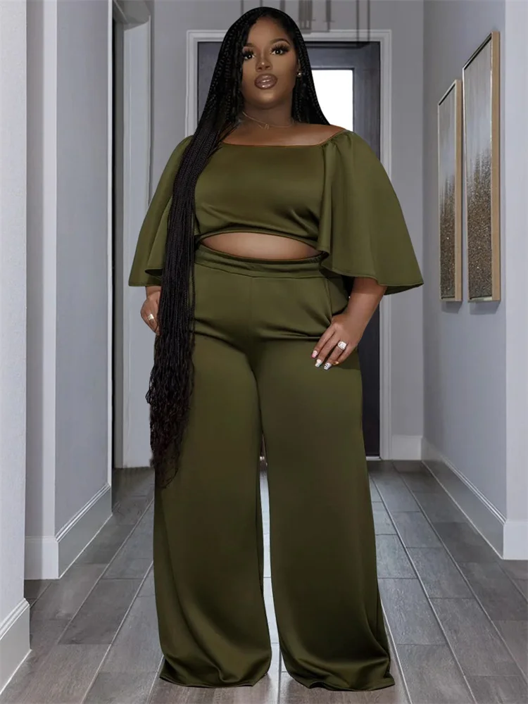 Wmstar Plus Size Two Piece Sets Women Clothing Solid Off Shoulder Tops and Pants Wide Leg Matching Set Wholesale Dropshopping