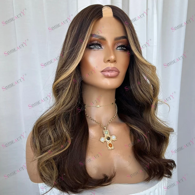 

Opening U Part Human Hair Highlight Warm Brown Body Wave Glueless Black Women Wigs 18Inch Short 180Density Natural V Part Wigs