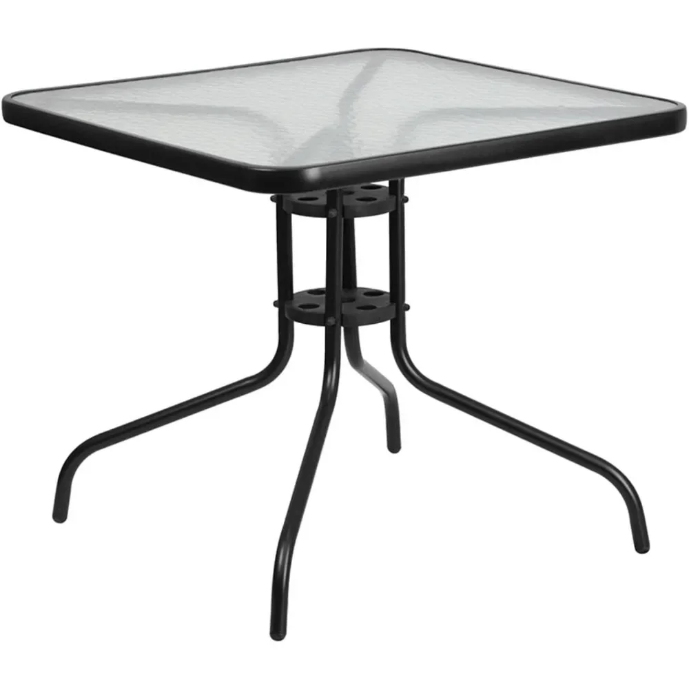 Conjunto de jantar de pátio de 5 peças com mesa quadrada de metal de vidro de 31,5" e 4 cadeiras empilháveis com encosto de ripas, mesa interna/externa