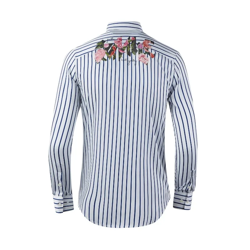 

Four Seasons New Long sleeved Shirt with Fine Stripe Back Printed Letter Decoration for Men's Slim Fit