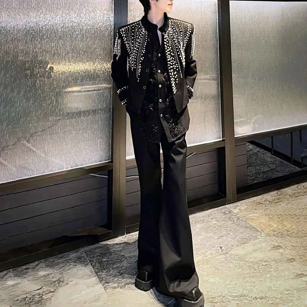 Men Autumn Jacket Pearl Rhinestones Ballroom Jacket Fashion Nightclub Stage Performance Streetwear Trend Top Men'S Clothing 2025