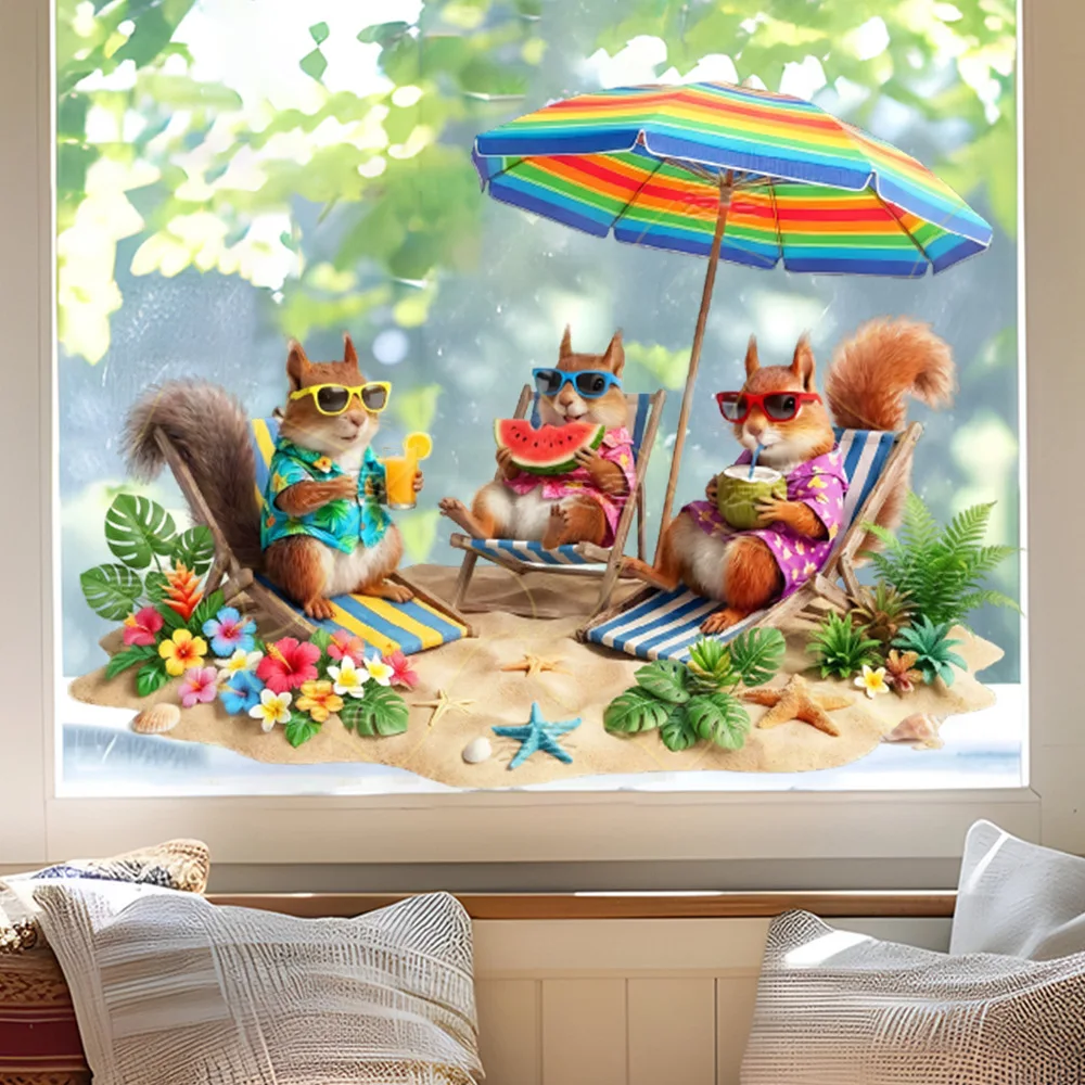 Hawaiian Party Decor Beach Squirrel Window Stickers Funny Hawaii Squirrel Sticker Summer Vacation Window Sticker Living Room