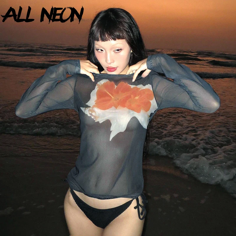 

ALLNeon Mesh See Through Long Sleeve Pullovers Blouse Fairy Grunge Printed Streetwear 2000s Fashion Slim T-Shirts Y2K Retro Tops