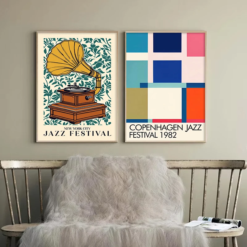 الملونة قسم الموسيقى مهرجان ملصق فني خمر الجاز الغيتار أداة الموسيقى الفصول الدراسية معرض الرسم على لوحات القماش الجدارية