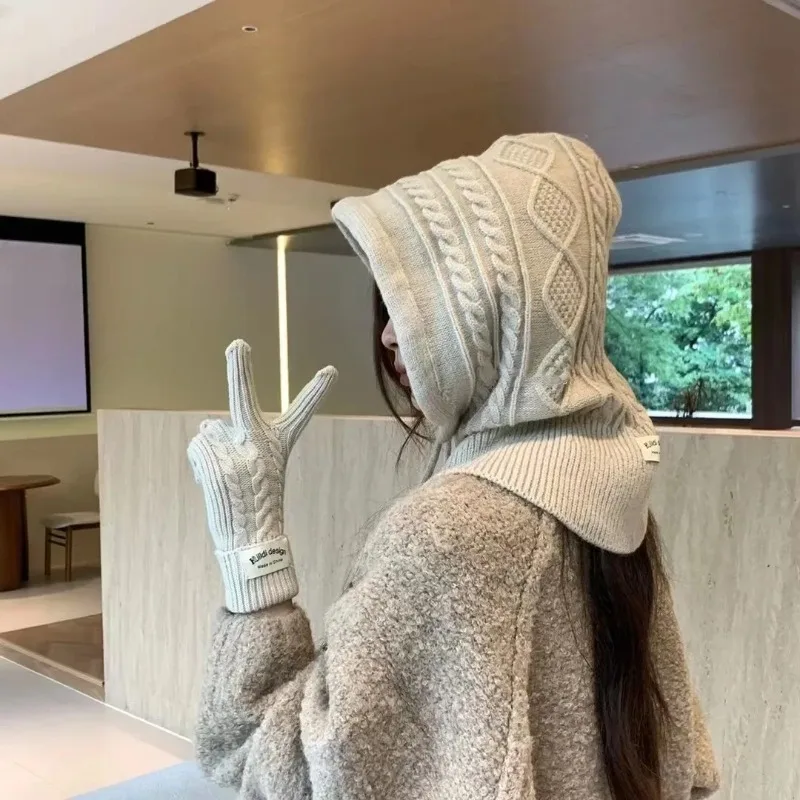 Gorros de pasamontañas cálidos de invierno para mujer, bufanda con capucha de mezcla de punto de Color sólido, gorro con calavera, gorro, polainas para el cuello, 1 ud.