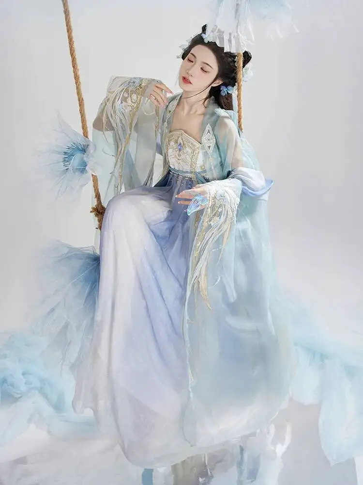 Hanfu 여자 큰 소매 셔츠 자수 요정 정장 어깨 끈 Hezi 스커트 실크에 드레이프