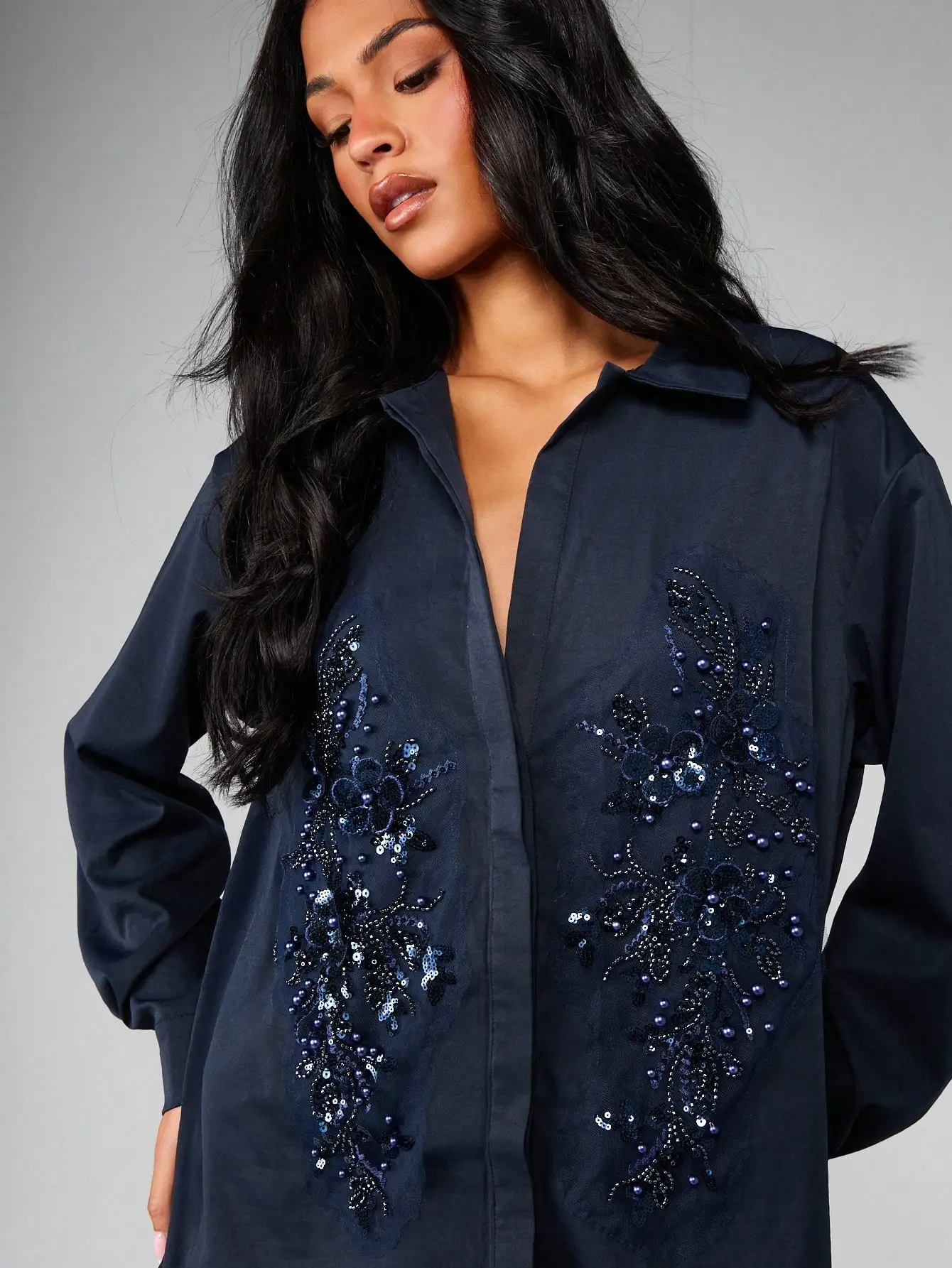 

Navy Embellished Mini Shirt Dress With Sequin Floral Details Long Sleeves Collared Neckline Evening Party