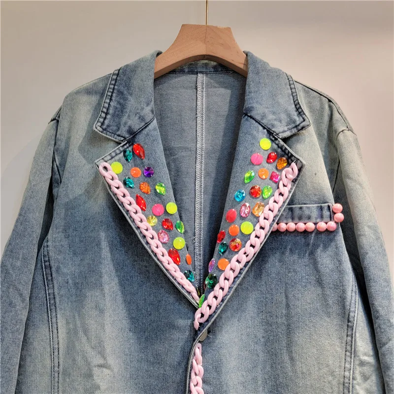 Chaqueta vaquera con cuentas y diamantes para mujer, blazer informal de manga larga con cuello con muescas, a la moda, primavera y otoño